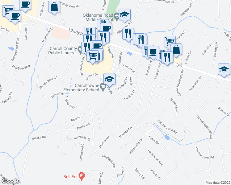 map of restaurants, bars, coffee shops, grocery stores, and more near 1805 Fallstaff Court in Sykesville