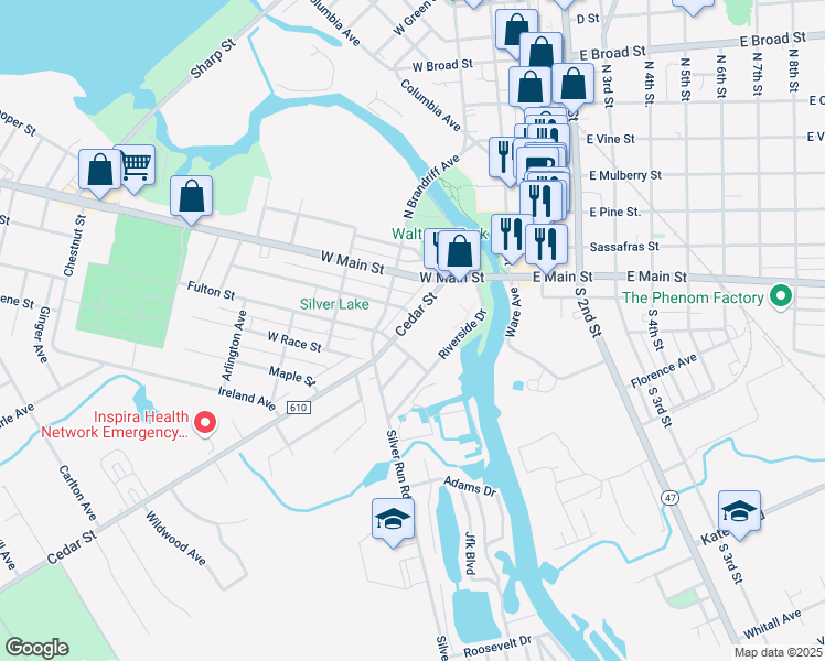 map of restaurants, bars, coffee shops, grocery stores, and more near 30 Cedar Street in Millville