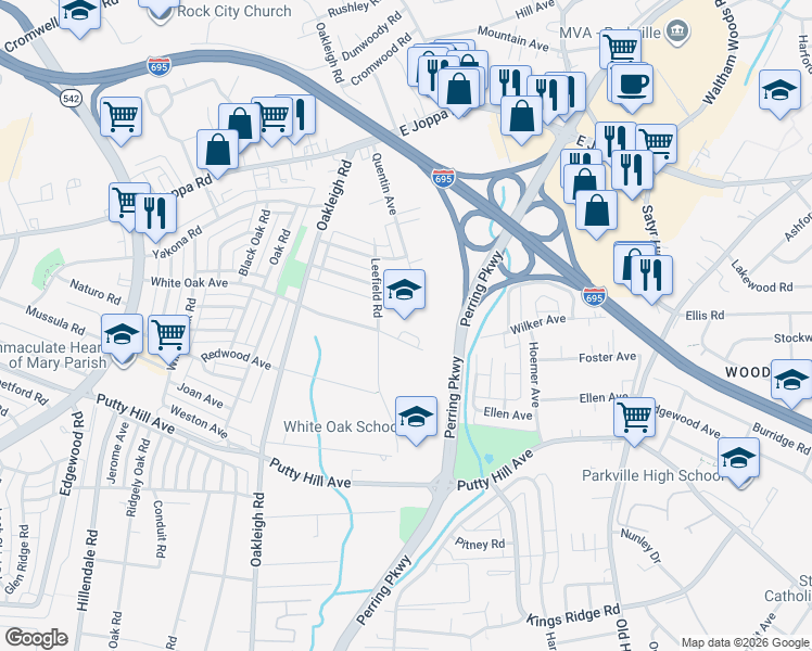map of restaurants, bars, coffee shops, grocery stores, and more near 1900 White Oak Avenue in Parkville