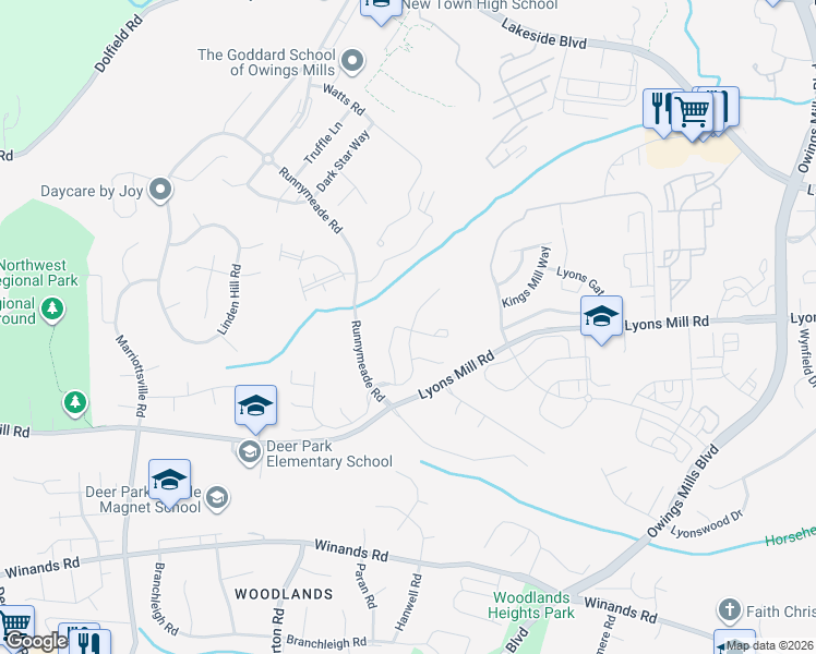 map of restaurants, bars, coffee shops, grocery stores, and more near 4514 Ingham Road in Owings Mills