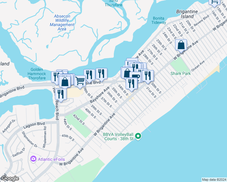 map of restaurants, bars, coffee shops, grocery stores, and more near 3418 Bayshore Avenue in Brigantine