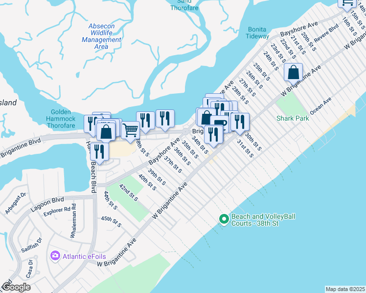 map of restaurants, bars, coffee shops, grocery stores, and more near 3418 Bayshore Avenue in Brigantine