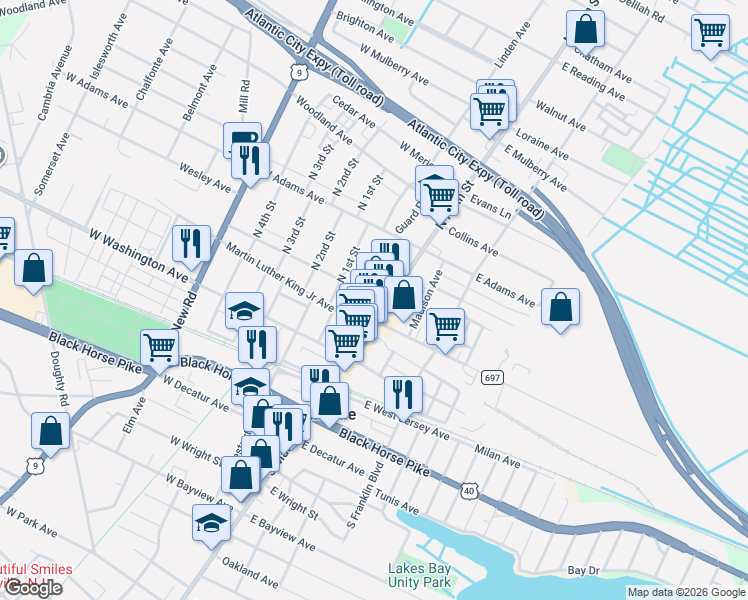 map of restaurants, bars, coffee shops, grocery stores, and more near 105 Linden Avenue in Pleasantville