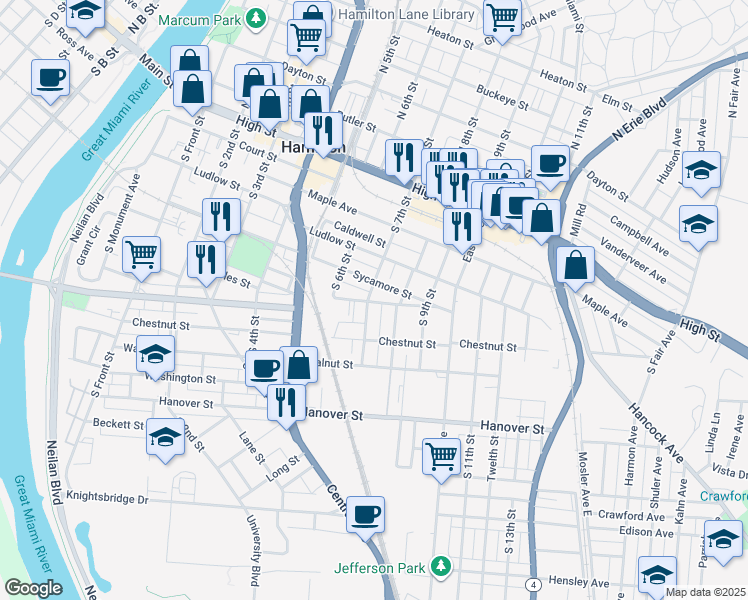 map of restaurants, bars, coffee shops, grocery stores, and more near 641 Sycamore Street in Hamilton