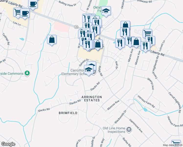 map of restaurants, bars, coffee shops, grocery stores, and more near 6542 Ridge Road in Sykesville