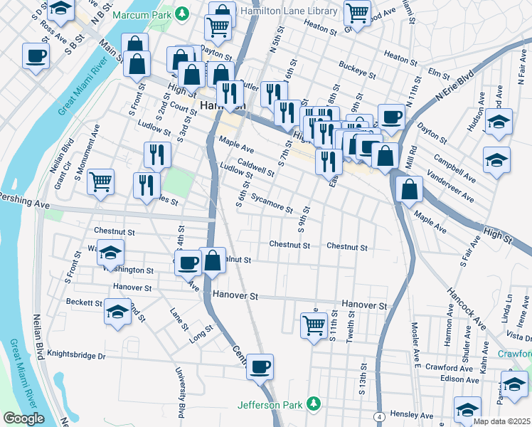 map of restaurants, bars, coffee shops, grocery stores, and more near 641 Sycamore Street in Hamilton