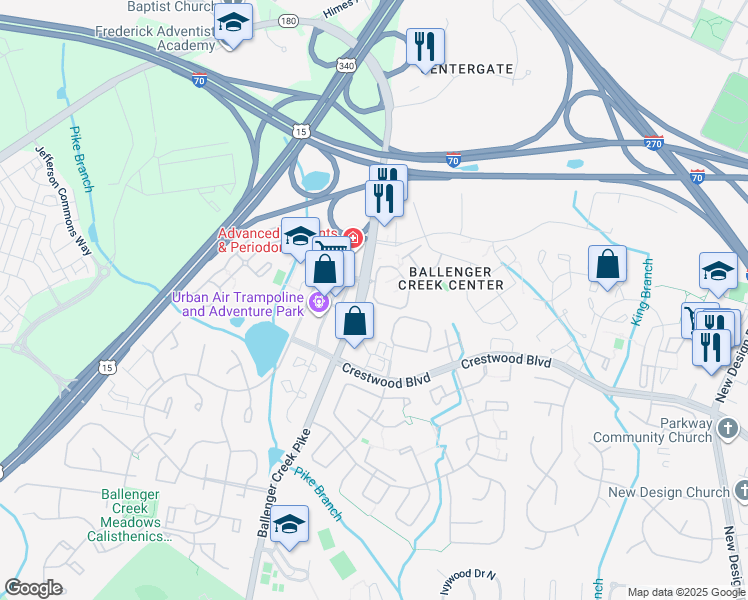 map of restaurants, bars, coffee shops, grocery stores, and more near 602 Windview Way in Frederick