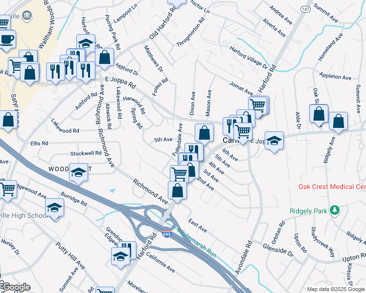 map of restaurants, bars, coffee shops, grocery stores, and more near 2900 Scherer Avenue in Parkville