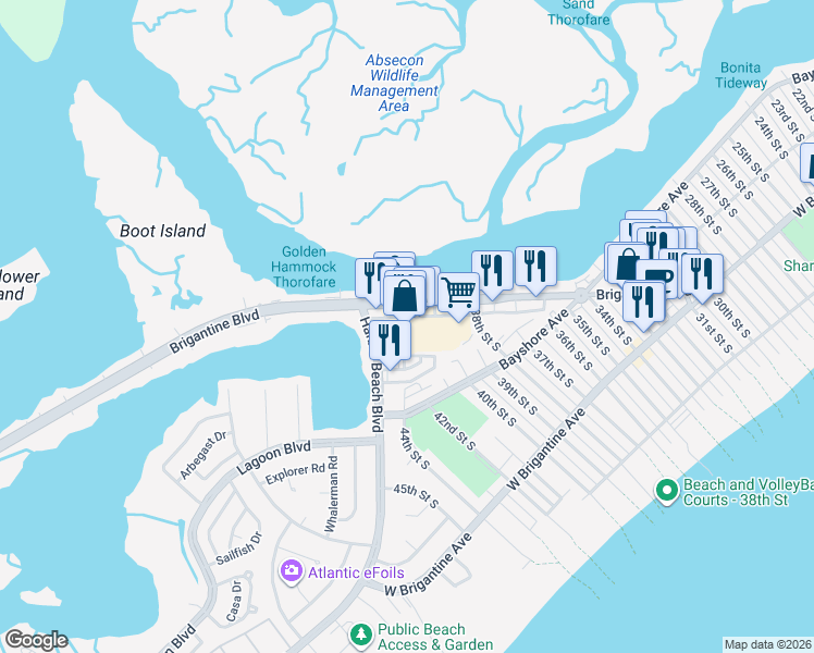 map of restaurants, bars, coffee shops, grocery stores, and more near 4204 44th Street in Brigantine