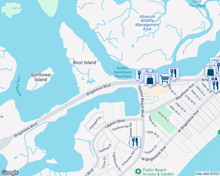 map of restaurants, bars, coffee shops, grocery stores, and more near 4201 Brigantine Boulevard in Brigantine