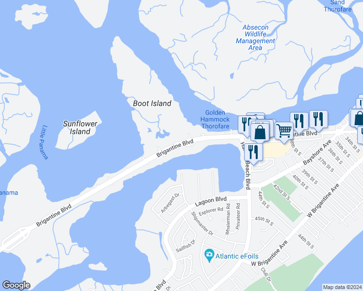 map of restaurants, bars, coffee shops, grocery stores, and more near 4201 Brigantine Boulevard in Brigantine