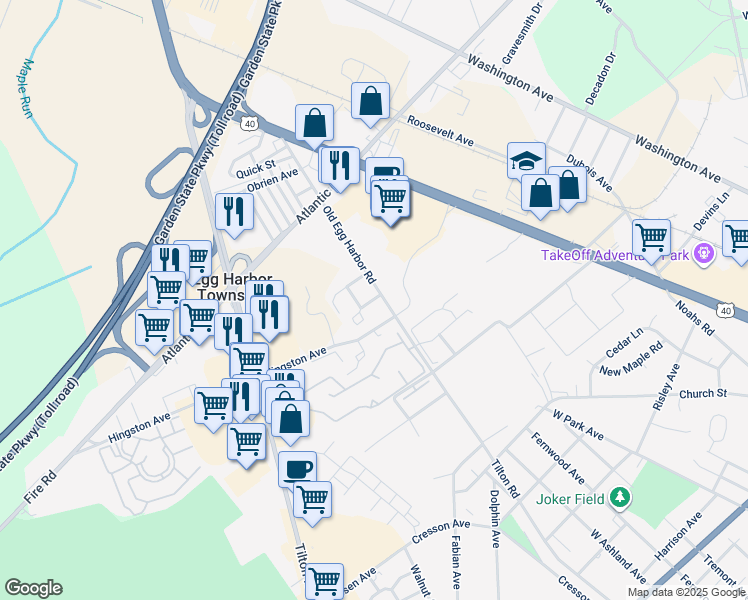map of restaurants, bars, coffee shops, grocery stores, and more near 6825 Old Egg Harbor Road in Egg Harbor Township