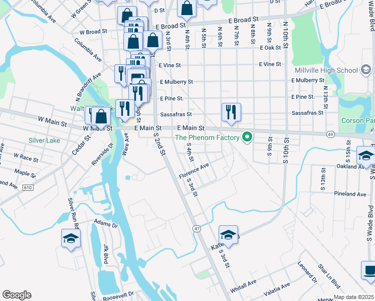 map of restaurants, bars, coffee shops, grocery stores, and more near 106 South 4th Street in Millville