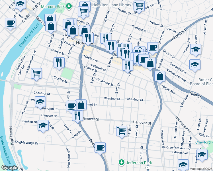map of restaurants, bars, coffee shops, grocery stores, and more near 730 Sycamore Street in Hamilton