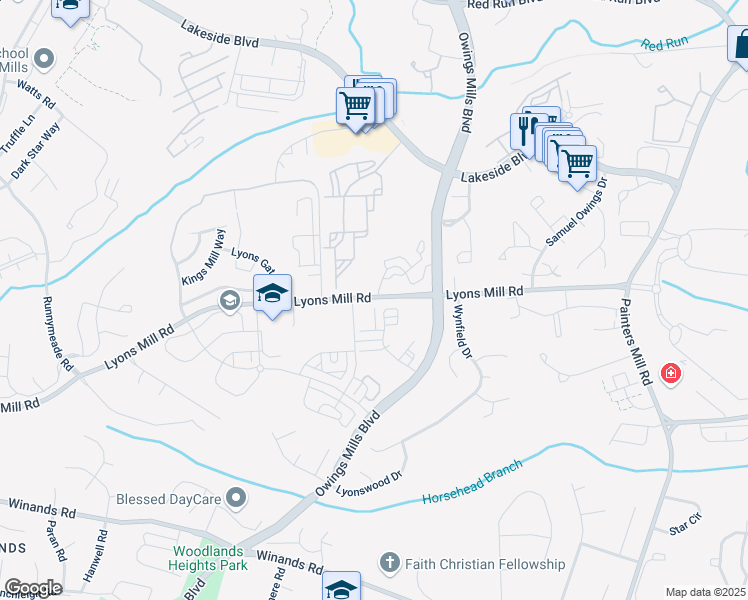 map of restaurants, bars, coffee shops, grocery stores, and more near 9549 Hidden Stream Court in Owings Mills