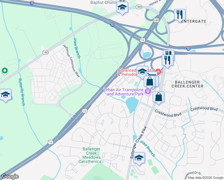 map of restaurants, bars, coffee shops, grocery stores, and more near Ramseur Circle in Frederick