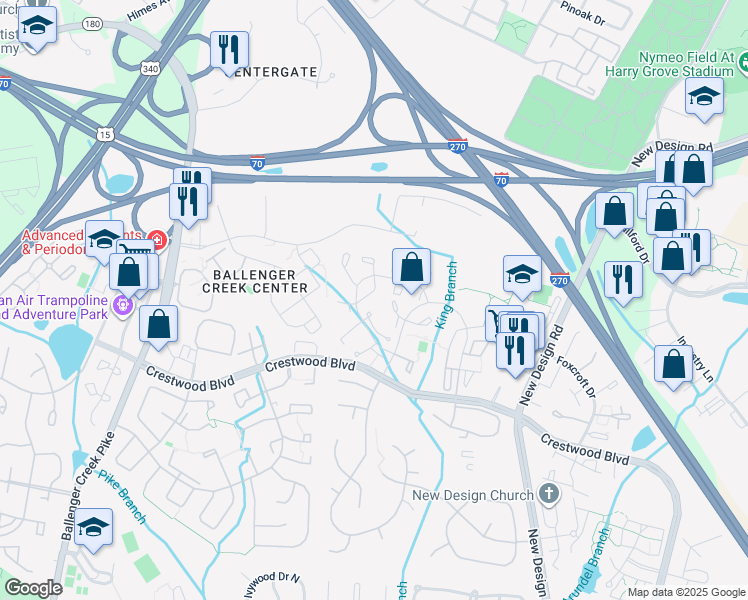 map of restaurants, bars, coffee shops, grocery stores, and more near 5763 Sweet Bay Court in Frederick