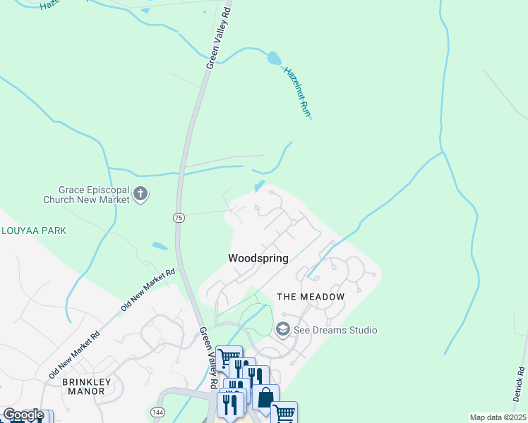 map of restaurants, bars, coffee shops, grocery stores, and more near 5785 Moss Rock Way in New Market