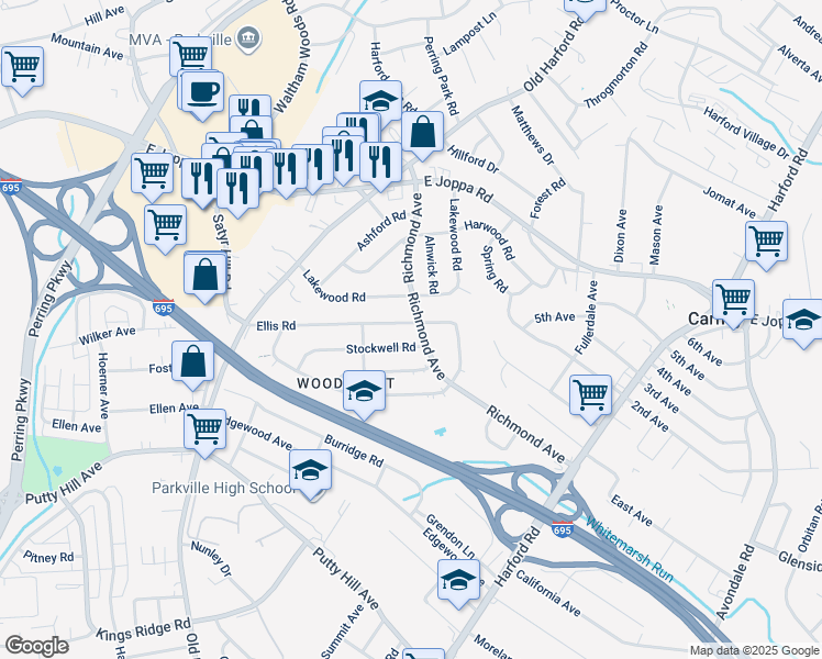 map of restaurants, bars, coffee shops, grocery stores, and more near 2451 Ellis Road in Parkville