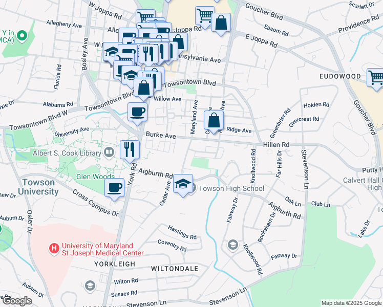 map of restaurants, bars, coffee shops, grocery stores, and more near 19 Maryland Avenue in Towson