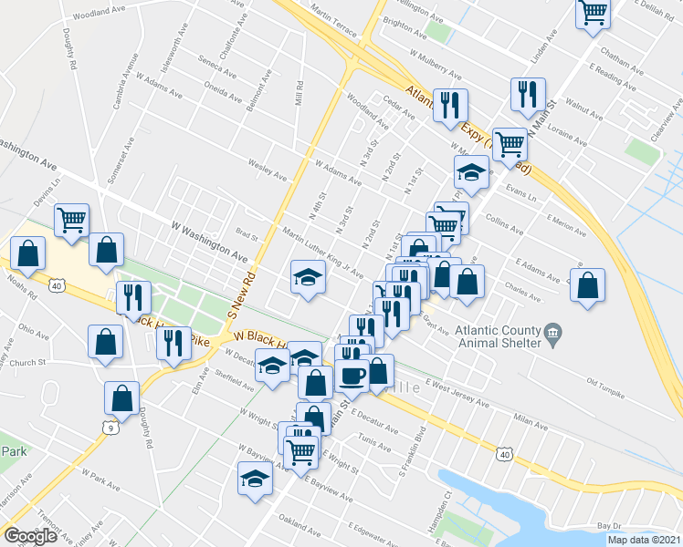 map of restaurants, bars, coffee shops, grocery stores, and more near 214 Abbey Lane in Pleasantville