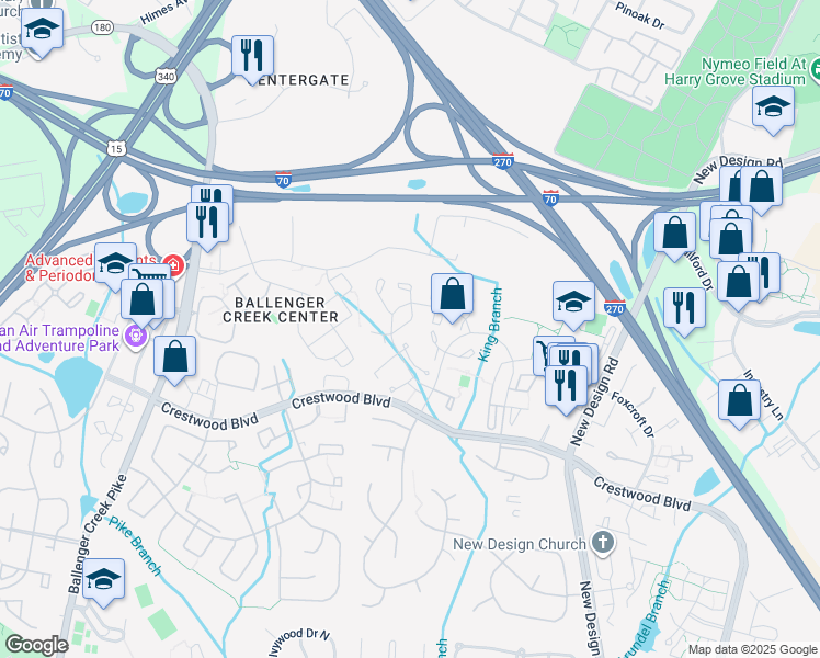 map of restaurants, bars, coffee shops, grocery stores, and more near 5763 Sweet Bay Court in Frederick