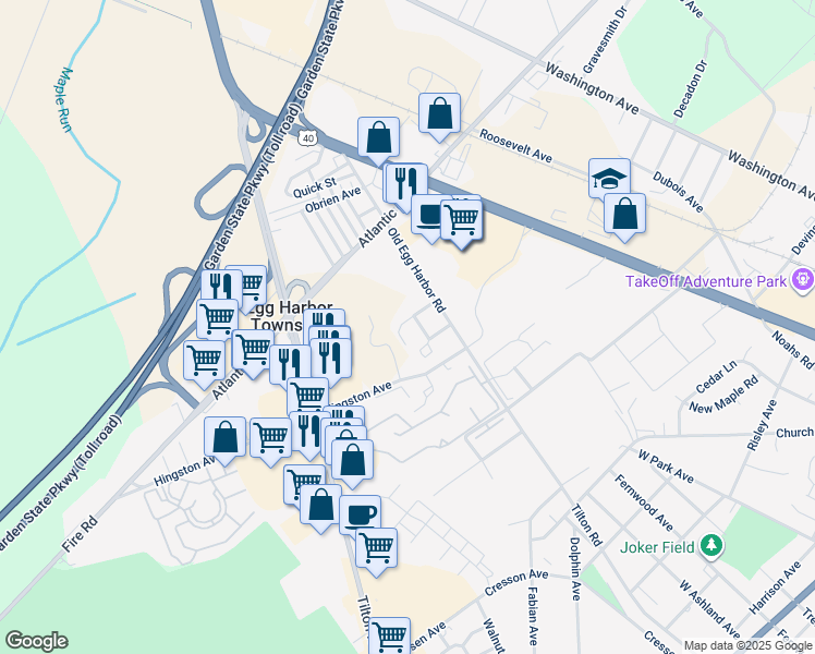 map of restaurants, bars, coffee shops, grocery stores, and more near 6825 Old Egg Harbor Road in Egg Harbor Township