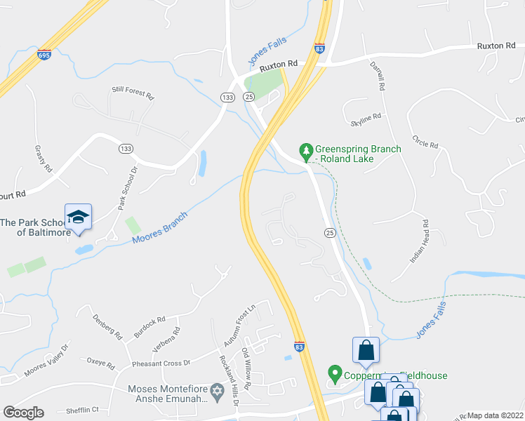 map of restaurants, bars, coffee shops, grocery stores, and more near 10 Lydford Court in Baltimore
