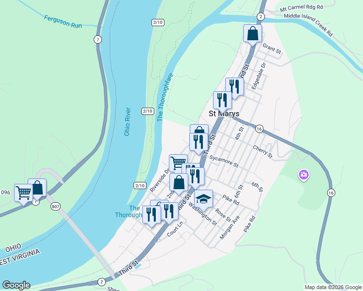 map of restaurants, bars, coffee shops, grocery stores, and more near 611 1/2 Riverside Dr in St Marys