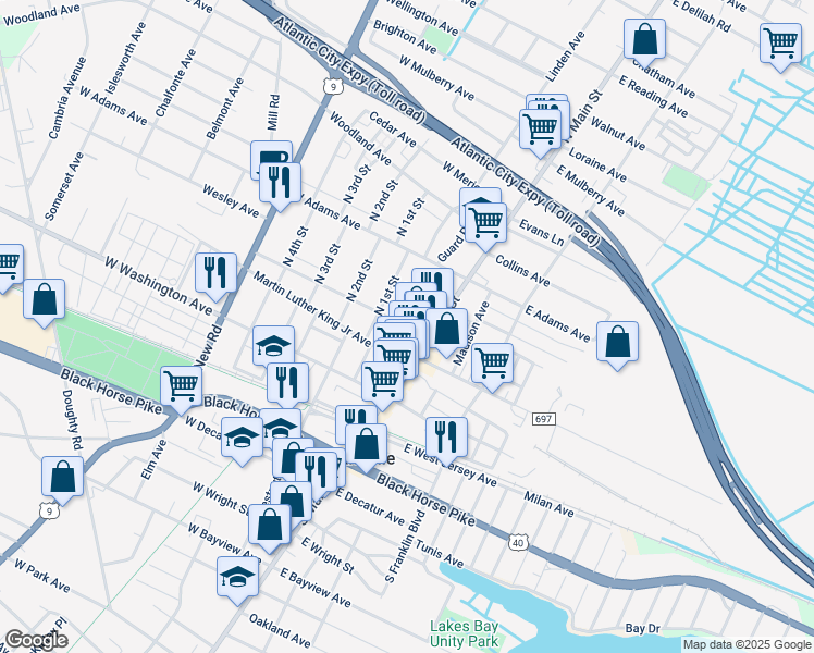 map of restaurants, bars, coffee shops, grocery stores, and more near 100 Linden Avenue in Pleasantville