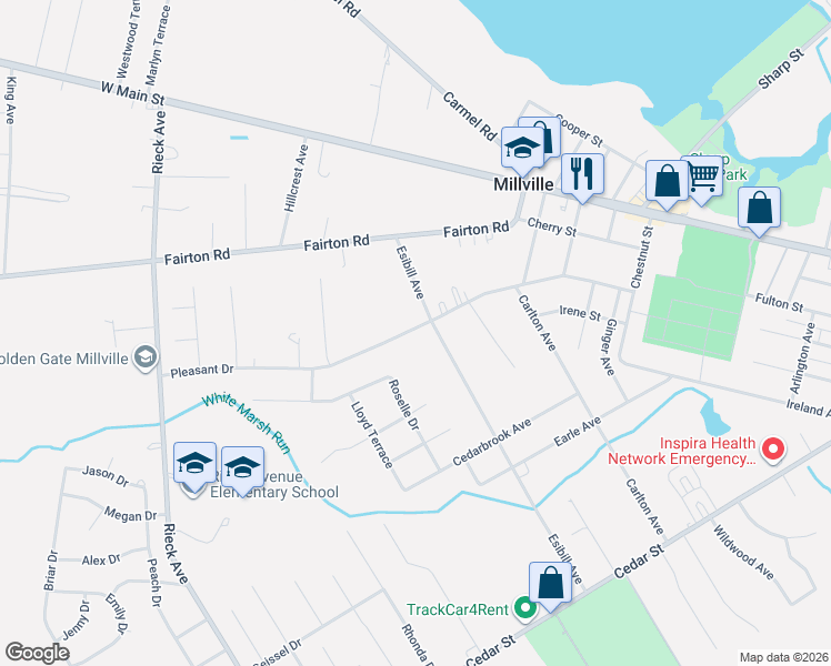 map of restaurants, bars, coffee shops, grocery stores, and more near 1314 Pleasant Drive in Millville