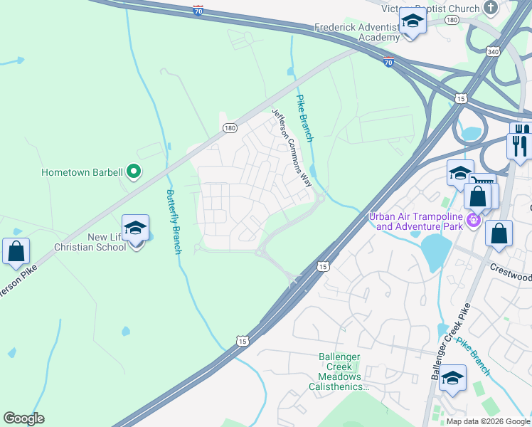 map of restaurants, bars, coffee shops, grocery stores, and more near 6199 Murray Terrace in Frederick