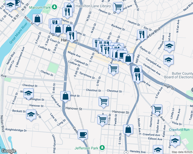 map of restaurants, bars, coffee shops, grocery stores, and more near 730 Sycamore Street in Hamilton