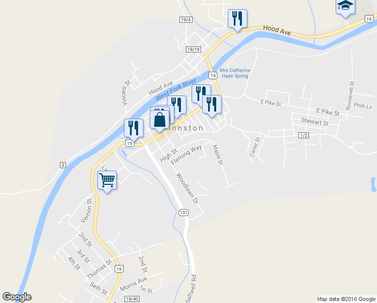 map of restaurants, bars, coffee shops, grocery stores, and more near 598 Fleming Way in Shinnston