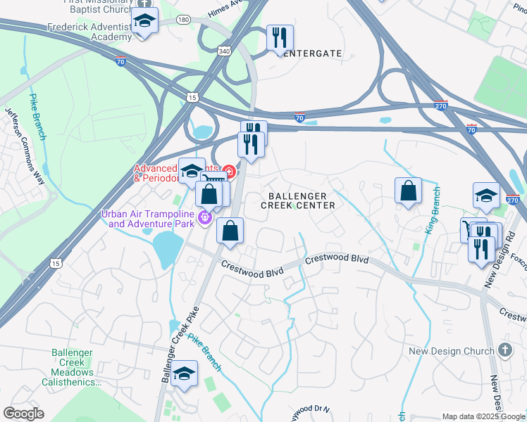 map of restaurants, bars, coffee shops, grocery stores, and more near 605 Windview Way in Frederick