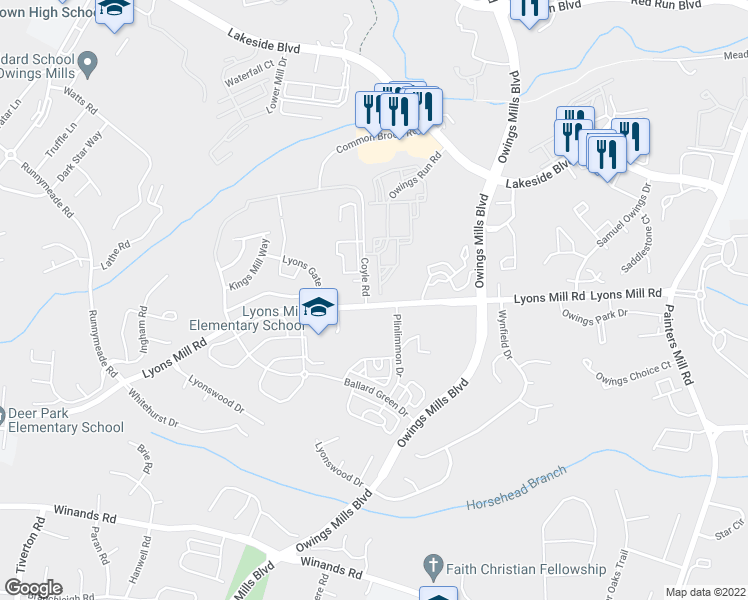 map of restaurants, bars, coffee shops, grocery stores, and more near 4506 Coyle Road in Owings Mills