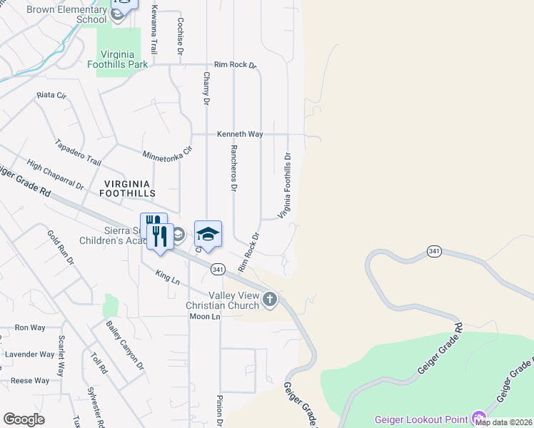 map of restaurants, bars, coffee shops, grocery stores, and more near 14640 Rim Rock Drive in Reno