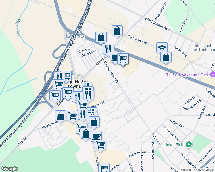 map of restaurants, bars, coffee shops, grocery stores, and more near 6825 Old Egg Harbor Road in Egg Harbor Township