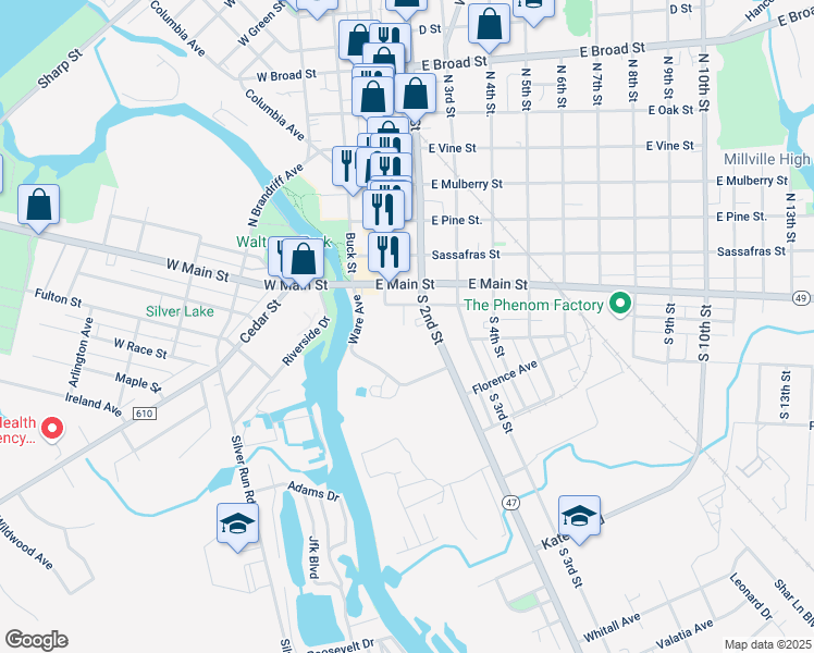map of restaurants, bars, coffee shops, grocery stores, and more near 117 Smith Street in Millville