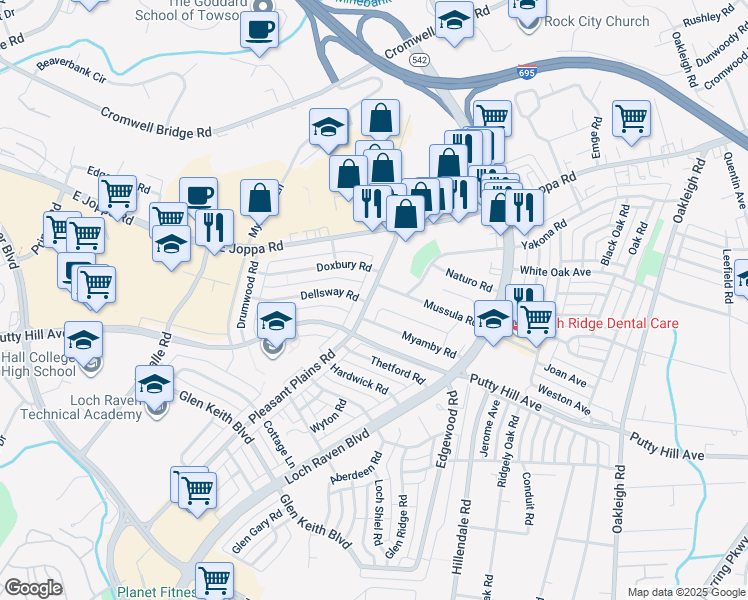 map of restaurants, bars, coffee shops, grocery stores, and more near 8519 Pleasant Plains Road in Towson
