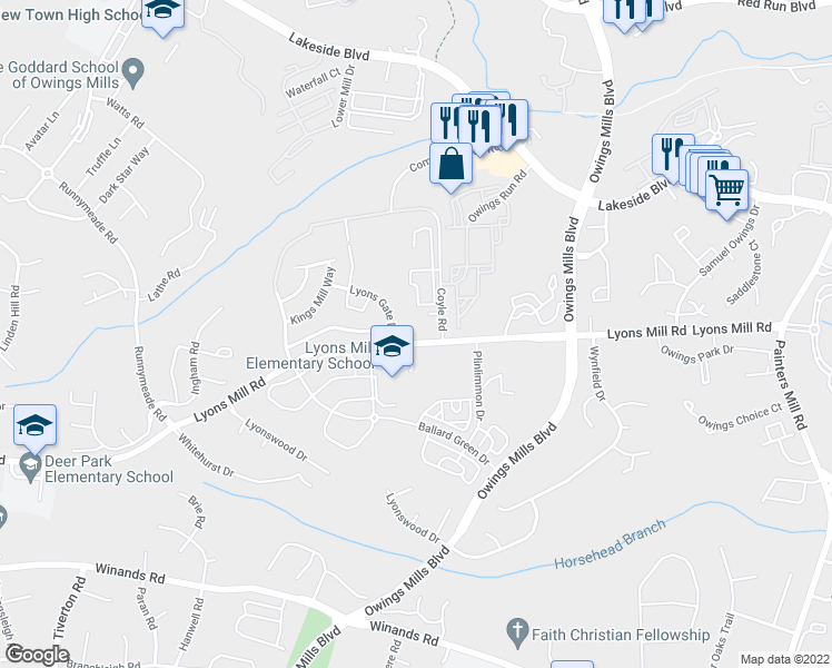 map of restaurants, bars, coffee shops, grocery stores, and more near 9430 Lyons Mill Road in Owings Mills