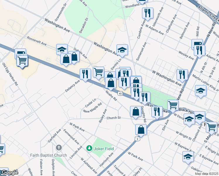 map of restaurants, bars, coffee shops, grocery stores, and more near 800 East Black Horse Pike in Pleasantville