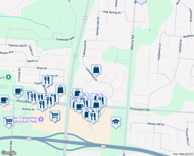 map of restaurants, bars, coffee shops, grocery stores, and more near 6398 Lakewood Drive in Hamilton