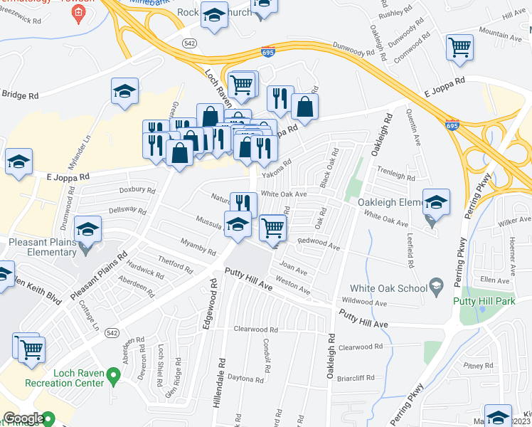 map of restaurants, bars, coffee shops, grocery stores, and more near 8524 Chestnut Oak Road in Parkville