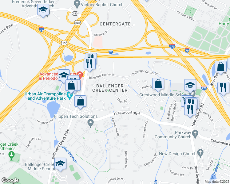 map of restaurants, bars, coffee shops, grocery stores, and more near 690 Tivoli Road in Frederick