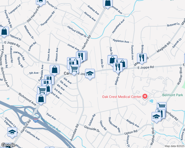 map of restaurants, bars, coffee shops, grocery stores, and more near 3145 East Joppa Road in Parkville