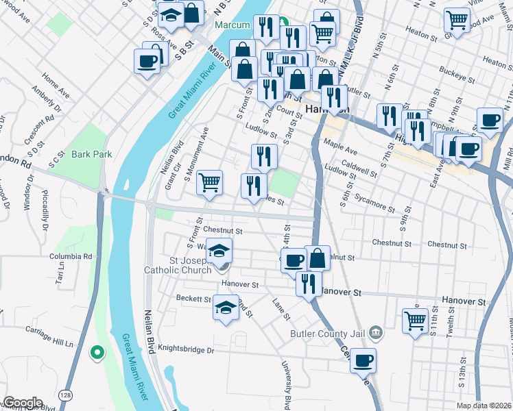 map of restaurants, bars, coffee shops, grocery stores, and more near 502 South 3rd Street in Hamilton