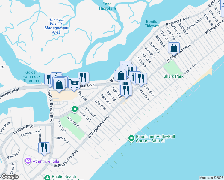 map of restaurants, bars, coffee shops, grocery stores, and more near 3418 Bayshore Avenue in Brigantine