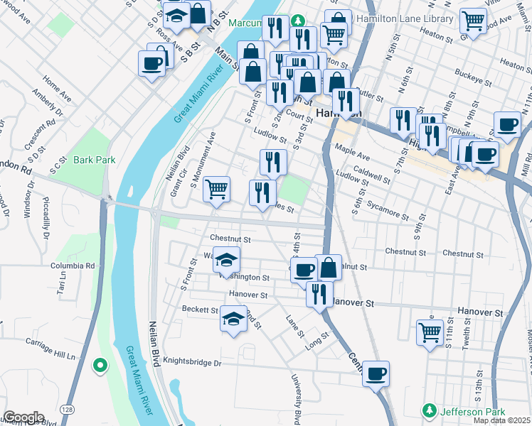 map of restaurants, bars, coffee shops, grocery stores, and more near 502 South 3rd Street in Hamilton