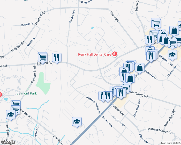 map of restaurants, bars, coffee shops, grocery stores, and more near 3739 East Joppa Road in Perry Hall